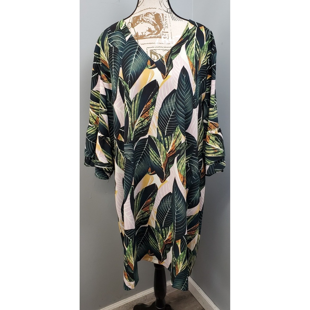 Belongsci Hawaiian Dress Womens 3XL Multi Tropical Leaf Print Ruffle Bell Sleeve